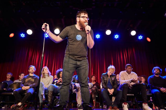 Comedian Mike Lawrence performing at Fifty First Jokes, hosted by comic John F. O'Donnell, at The Bell House in Brooklyn, January 2nd, 2016. PHOTO: Harry Zernike for Observer
