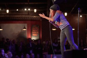 Comedian Phoebe Robinson performing at Fifty First Jokes, hosted by comic John F. O'Donnell, at The Bell House in Brooklyn, January 2nd, 2016. PHOTO: Harry Zernike for Observer