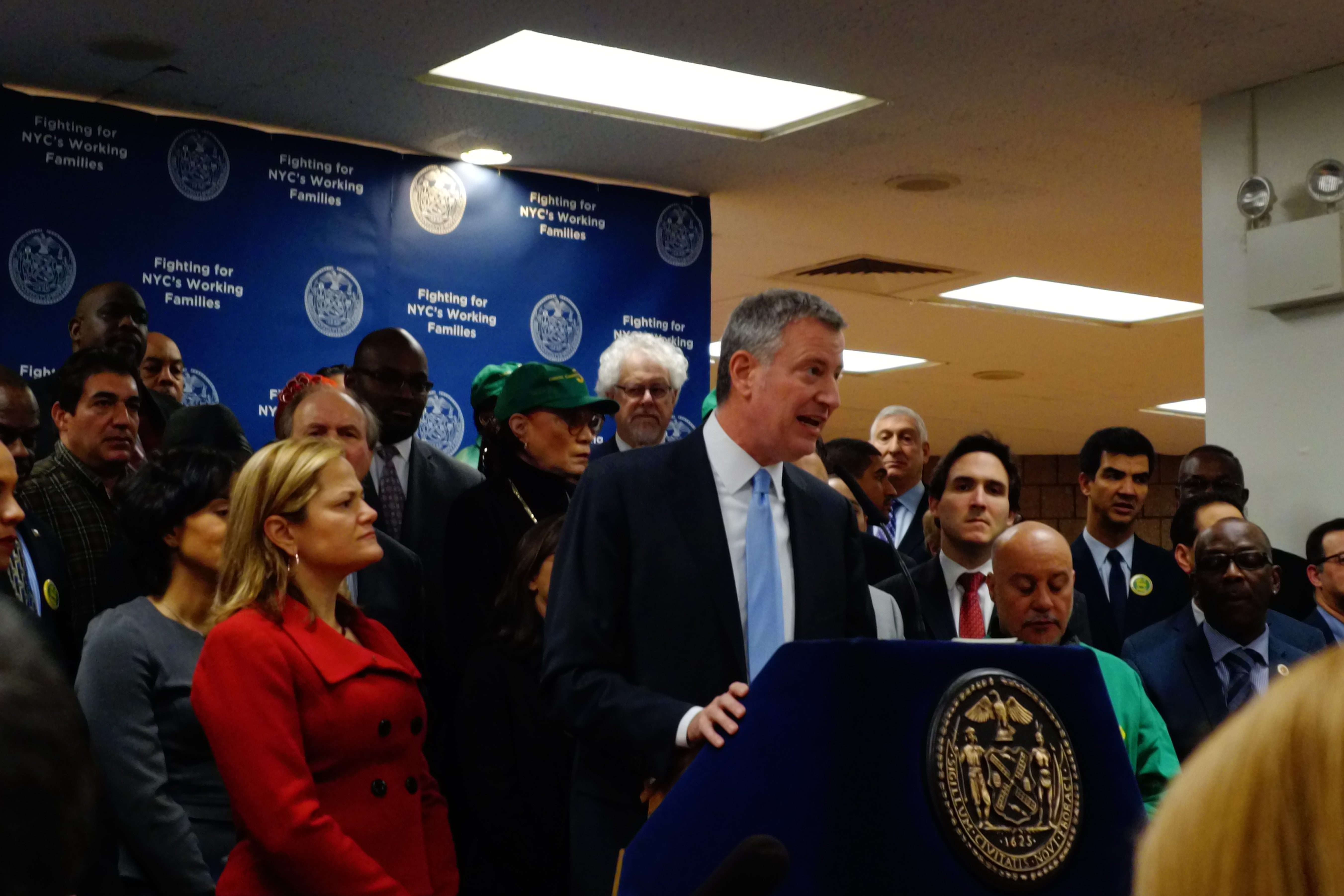Mayor Bill de Blasio announces a $15-an-hour minimum wage for city employees at DC 37 headquarters in Manhattan. (Photo: Jillian Jorgensen for Observer)