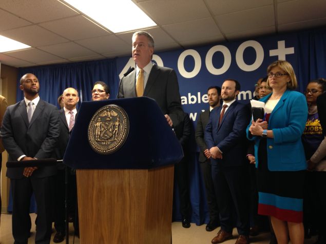 Mayor Bill de Blasio with his housing team (Photo: Will Bredderman for Observer).