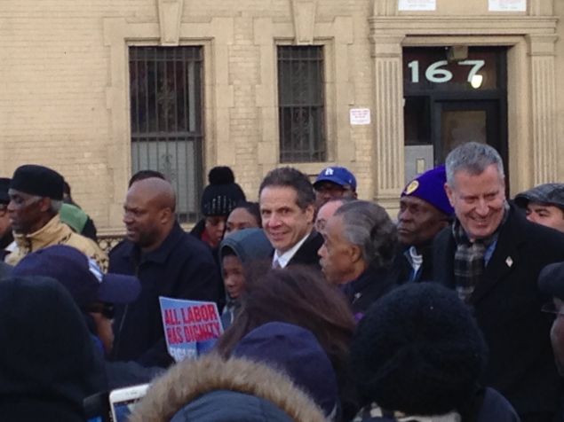 Gov. Andrew Cuomo, Rev. Al Sharpton and Mayor Bill de Blasio (Photo: Will Bredderman for Observer).