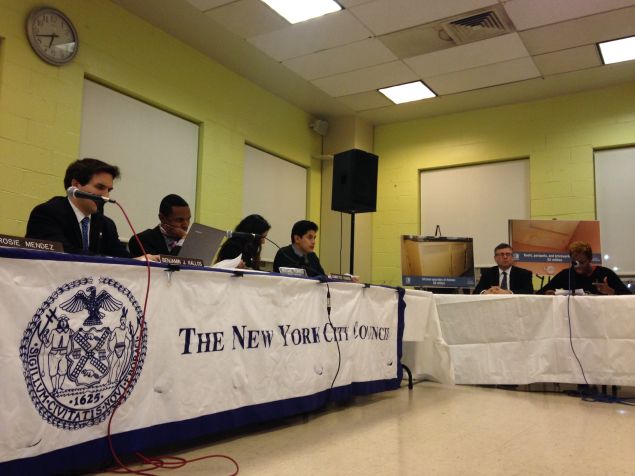 NYCHA Chairwoman Shola Olatoye, far right, speaks to Councilman Benjamin Kallos, far left, and Councilman Ritchie Torres (Photo: Will Bredderman for Observer).