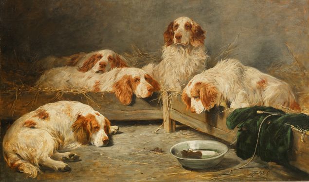 John Emms, An Unexpected Visitor—Clumber Spaniels in a Kennel. Est. $80,000-$120,000. (Photo: Bonhams)