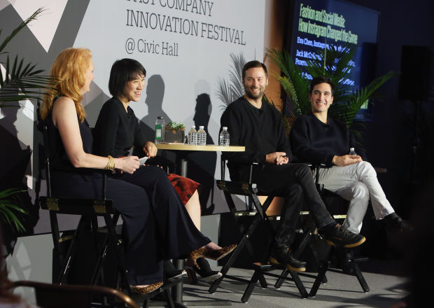 Fast Company Senior Editor Erin Schulte with Head of Fashion Partnerships at Instagram Eva Chen and fashion designers Jack McCollough and Lazaro Hernandez of Proenza Schouler at the Fast Company Innovation Festival in New York City. Photo: Monica Schipper/Getty Images