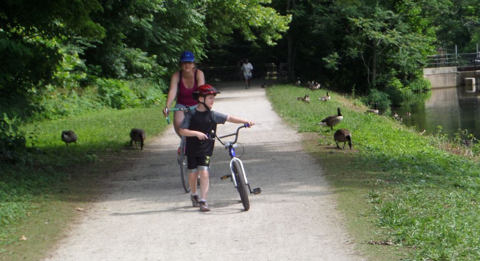 This photo of the author's family on the canal path shows how cyclists, walkers and wildlife will all be disturbed by the noise generated by the rumble strips.