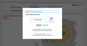 A screenshot showing attempts to keep bots from snagging tickets. (Ticketmaster.com)
