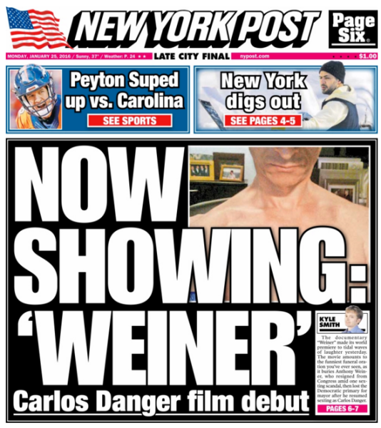 NY Post Weiner Cover
