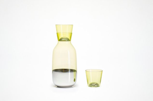 Scholten & Baijings (Amsterdam, Netherlands, founded 2000): Stefan Scholten (Dutch, b. 1972) and Carole Baijings (Dutch, b. 1973) for Verreum; Produced by Gaia & Gino; Carafe and tumbler, from Chromos collection, 2014; Hand-blown, colored glass with metallic coating; 24.8 x 11.7 cm diam. (9 3/4 x 4 5/8 in.) and 7.5 x 8.1 cm diam. (2 15/16 x 3 3/16 in.). Featured in book; alternate object will appear in exhibition