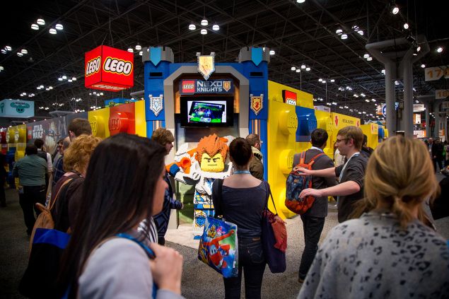 People wait for the Lego booth at the New York Toy Fair.