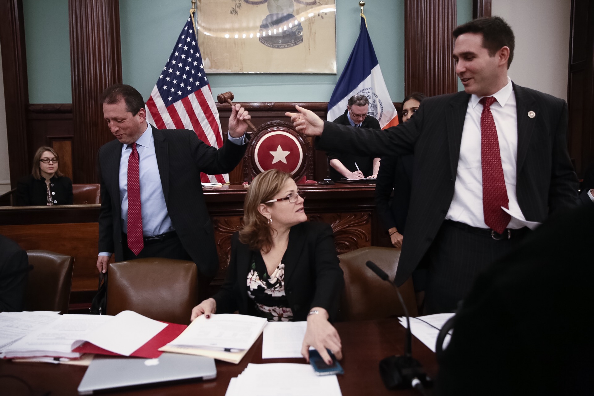 Councilman Brad Lander, Speaker Melissa Mark-Viverito, and Councilman Ben Kallos at a pay raise hearing Wednesday. (Photo: William Alatriste for New York City Council)