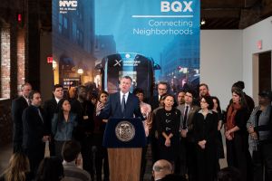 Mayor Bill de Blasio at a press conference about the Brooklyn Queens Connector today.
