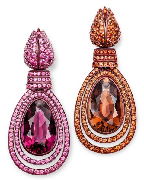 Hemmerle (Munich, Germany, founded 1893); Earrings, 2013; Copper, white gold, sapphires, spinels, rubellite, tourmaline; Each, approx.: 6.7 × 2.9 × 1.3 cm (2 5/8 × 1 1/8 × 1/2 in.)