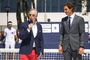 NEW YORK, NY - AUGUST 25: Tommy Hilfiger (L) and Rafael Nadal (R) speak on the court at the brand event of Rafael Nadal Global Brand Ambassadorship Launch at Bryant Park on August 25, 2015 in New York City. (Photo by Cem Ozdel/Anadolu Agency/Getty Images)