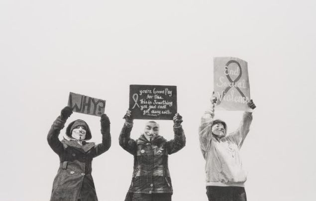 Andrea Bowers, #justiceforjanedoe, Anonymous Women Protestors, Steubenville Rape Case, March 13–17, 2013, 2014.