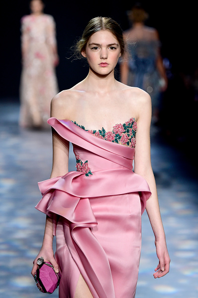 NEW YORK, NY - FEBRUARY 17: A model walks the runway wearing Marchesa Fall 2016 during New York Fashion Week: The Shows at The Dock, Skylight at Moynihan Station on February 17, 2016 in New York City.