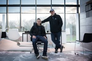 David Levien (seated) and Brian Koppelman, the creators/executive producers/showrunners of Billions. (Photo: Jeff Neumann/Showtime)