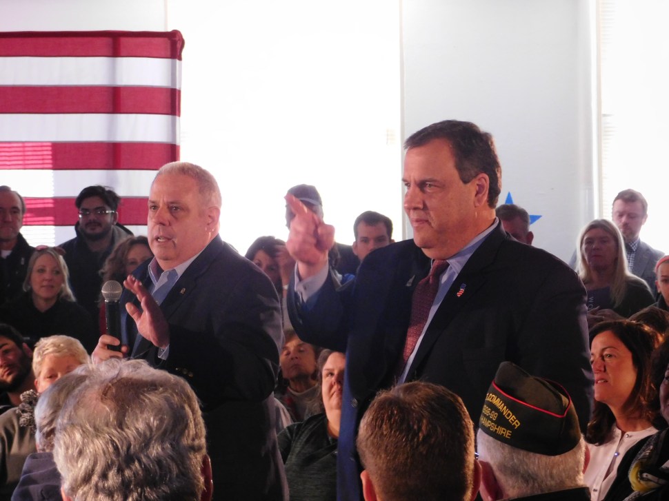 Maryland Governor Larry Hogan and New Jersey Governor Chris Christie at a NH town hall. 