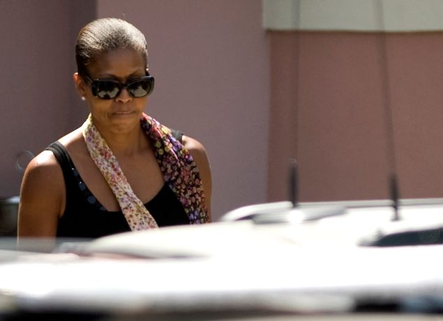 First Lady Michelle Obama leaves the beach club Villa Padierna in Estepona, on August 6, 2010 during her vacation in southern Spain.