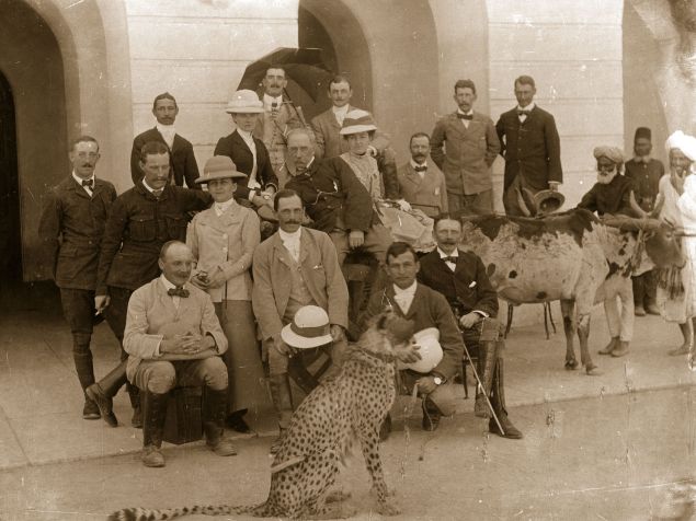 A group of colonials photographed with a pet cheetah during the days of the British Raj. (Photo by Hulton Archive/Getty Images)