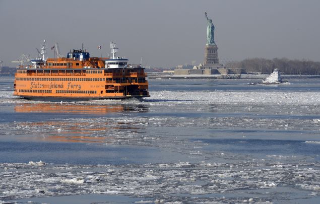 A view of the Statue of Liberty is seen as the Staten Island Ferry. 