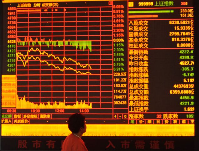 FUYANG, CHINA - JUNE 26：(CHINA OUT) An investor observes stock market at a stock exchange hall on June 26, 2015 in Fuyang, Anhui province of China. Chinese stocks dropped sharply on Friday. The benchmark Shanghai Composite Index lost 334.91 points, or 7.40 percent, to close at 4192.87 points. The Shenzhen Component Index shed 1293.66 points, or 8.24 percent, to 14398.78 points. (Photo by ChinaFotoPress)***_***