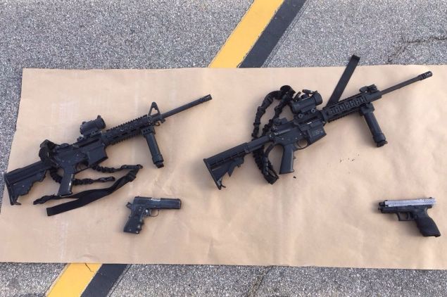 SAN BERNARDINO, CA - DECEMBER 4: (EDITORS NOTE: Best quality available) In this handout photo provided by the San Bernardino County Sherrif's Department, four guns are seen near the site of a shootout between police and suspects in the San Bernardino shootings, December 4, 2015 in San Bernardino, California. Police continue to investigate a mass shooting at the Inland Regional Center in San Bernardino that left at least 14 people dead and another 17 injured on December 2nd. (Photo by San Bernardino County Sherrif's Department via Getty Images)