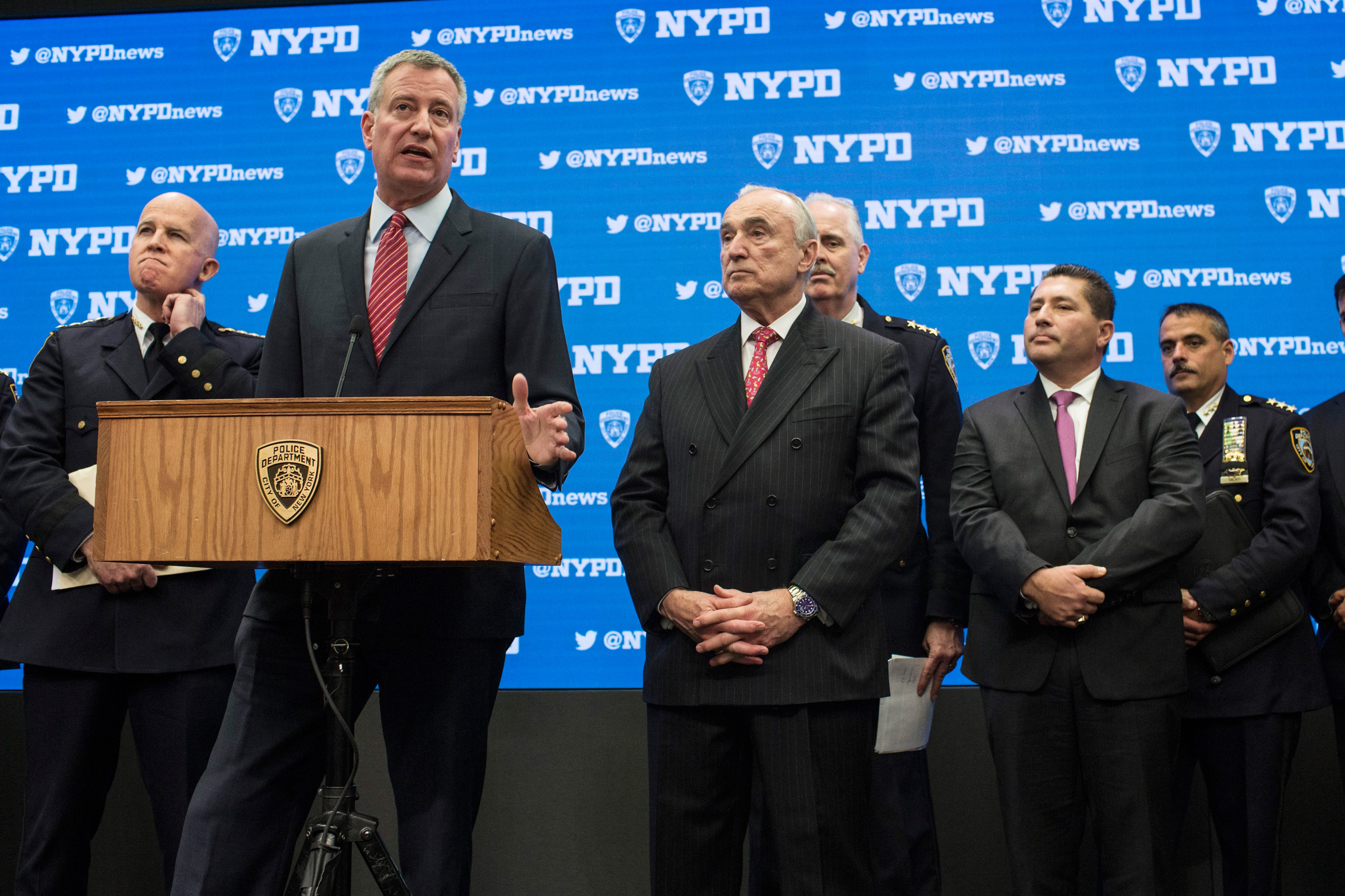 New York City Mayor Bill de Blasio and New York Police Department Commissioner Bill Bratton speak at a press conference regarding security in December. 