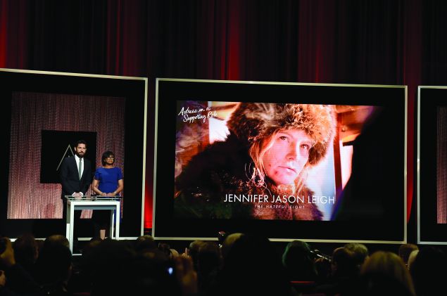Jennifer Jason Leigh as a nominee for Best Actress in a Supporting Role in the film 'The Hateful Eight' during the 88th Oscars Nominations on January 14, 2016 in Los Angeles, California.