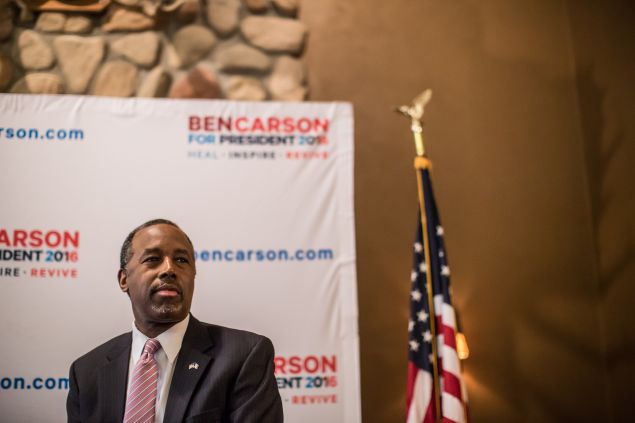 MANCHESTER, IA - JANUARY 31: Republican presidential candidate Ben Carson speaks at a campaign event at Fireside Pub and Steak House on January 31, 2016 in Manchester, Iowa. The Democratic and Republican Iowa Caucuses, the first step in nominating a presidential candidate from each party, will take place on February 1. (Photo by Brendan Hoffman/Getty Images) *** Local Caption *** Ben Carson