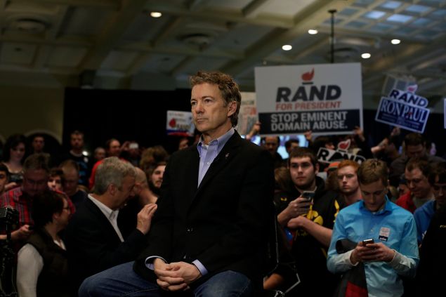 IOWA CITY, IA - JANUARY 31 : Republican presidential candidate, U.S. Sen. Rand Paul (R-KY) waits to do a television interview during a campaign event at the University of Iowa Memorial Union January 31, 2016 in Iowa City, Iowa. The Iowa caucuses kick off the presidential selection process tomorrow. (Photo by Joshua Lott/Getty Images)