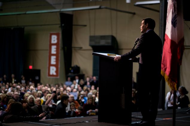 WASHINGTON, DC - February 1: Senator and Presidential candidate, Marco Rubio (R-FL) addresses voters at a caucus site in Des Moines as Iowans prepare to cast their first votes in the 2016 Presidential primaries on February 1, 2016 in Des Moines, Iowa. (Photo by Pete Marovich/Getty Images)