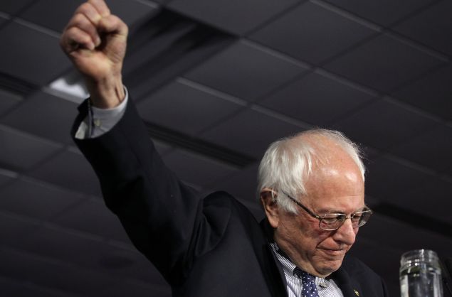 DES MOINES, IA - FEBRUARY 01: Democratic presidential candidate, Sen. Bernie Sanders (I-VT) reacts during a caucus night party February 1, 2016 in Des Moines, Iowa. Sanders was trailing former Secretary of State Hillary Clinton late in the Iowa Democratic caucuses. (Photo by Alex Wong/Getty Images)