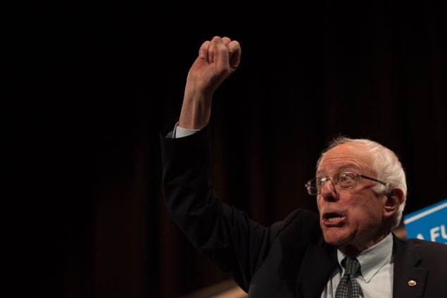 CLAREMONT, NH - FEBRUARY 02: Democratic presidential candidate Sen. Bernie Sanders (I-VT) gestures to the crowd after speaking at the Claremont Opera House on February 2, 2016 in Claremont, New Hampshire. The New Hampshire primary is February 9. (Photo by Matthew Cavanaugh/Getty Images)