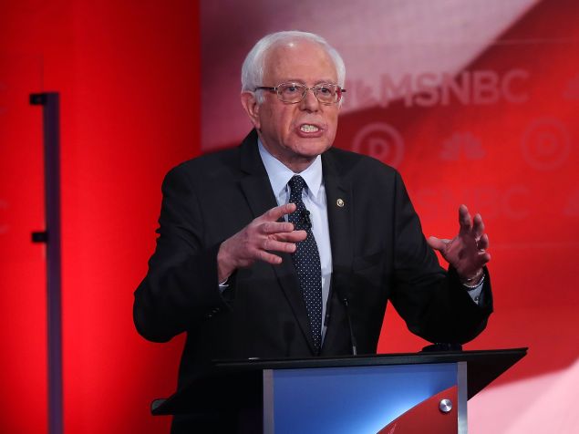 DURHAM, NH - FEBRUARY 04: U.S. Sen. Bernie Sanders (I-VT) speaks as he debates with Democratic presidential candidates former Secretary of State Hillary Clinton during their MSNBC Democratic Candidates Debate at the University of New Hampshire on February 4, 2016 in Durham, New Hampshire. This is the final debate for the Democratic candidates before the New Hampshire primaries. (Photo by Justin Sullivan/Getty Images)