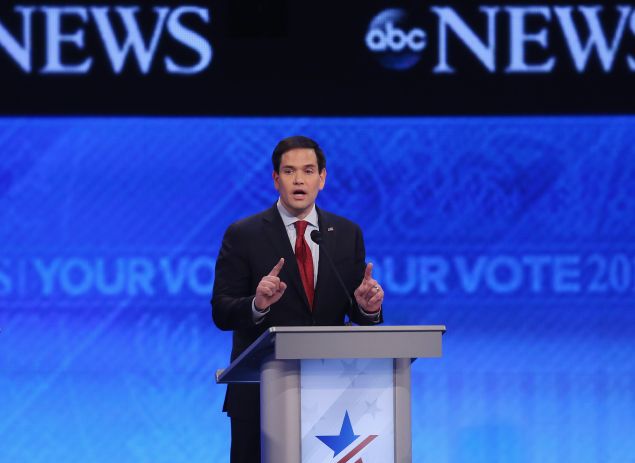MANCHESTER, NH - FEBRUARY 06: Republican presidential candidate Sen. Marco Rubio (R-FL) participates in the Republican presidential debate at St. Anselm College February 6, 2016 in Manchester, New Hampshire. Sponsored by ABC News and the Independent Journal Review, this is the final televised debate before voters go to the polls for the New Hampshire primary on February 9. (Photo by Joe Raedle/Getty Images)