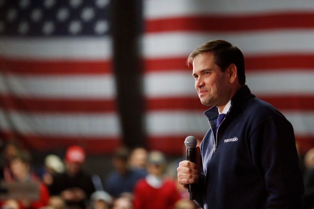 Republican presidential candidate Marco Rubio speaks to supporters during a Super Bowl watch party at Ultimate Sports Academy, February 7, 2016, in Manchester, New Hampshire. Marco Rubio, the young Republican senator fast building momentum in the race for the White House, came back swinging after a mauling in the latest presidential debate for his lack of experience. / AFP / DOMINICK REUTER (Photo credit should read DOMINICK REUTER/AFP/Getty Images)