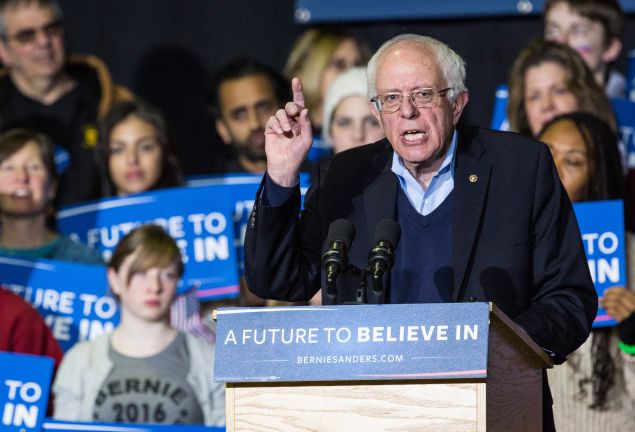 NASHUA, NH - FEBRUARY 08: Democratic presidential hopeful Sen. Bernie Sanders (D-VT) speaks at a campaign rally at Daniel Webster College on February 8, 2016 in Nashua, New Hampshire. Sanders is hoping to win the New Hampshire democratic primary tomorrow. (Photo by Andrew Burton/Getty Images)