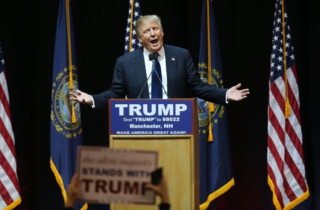 MANCHESTER, NH - FEBRUARY 08: Republican presidential candidate Donald Trump speaks during a campaign rally at Verizon Wireless Arena on February 8, 2016 in Manchester, New Hampshire. Democratic and Republican Presidential candidates are finishing up with the last full day of campaigning before voters head to the polls tomorrow. (Photo by Joe Raedle/Getty Images)