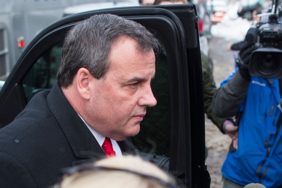 MANCHESTER, NH - FEBRUARY 09: Republican presidential candidate New Jersey Governor Chris Christie exits his SUV outside the polling place at Webster School February 9, 2016 in Manchester, New Hampshire. Candidates from both parties are making last-minute attempts to swing voters to their side on the day of the 'First in the Nation' presidential primary. (Photo by Scott Eisen/Getty Images)