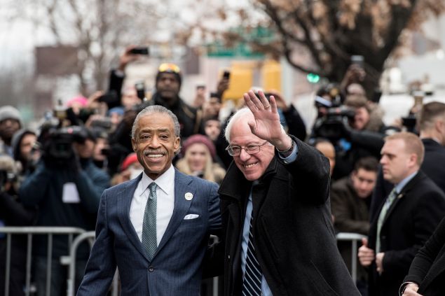Democratic presidential candidate Sen. Bernie Sanders meets with Reverend Al Sharpton at Sylvia's Restaurant on February 10 in Harlem, New York City.