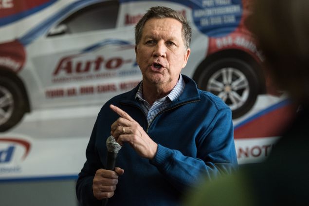 CHARLESTON, SC - FEBRUARY 10: Republican presidential candidate, Ohio Gov. John Kasich talks to the crowd at the Auto-Ad agency February 10, 2016 in Charleston, South Carolina. The state's Republican primary is February 20. (Photo by Sean Rayford/Getty Images)