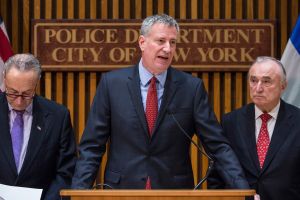 Senator Charles Schumer Mayor Bill de Blasio and Police Department of New York Commissioner Bill Bratton hold a press conference criticizing the White House's proposed budget for 2017,