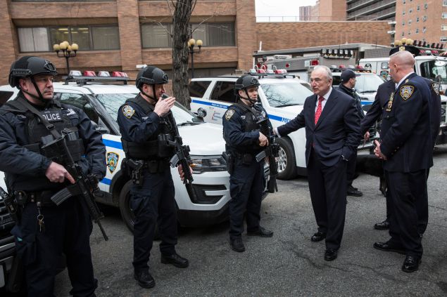 New York Police Department (NYPD) Commissioner Bill Bratton reviews select NYPD units funded in part through the Urban Area Security Initiative grant, which is funded through the Department of Homeland Security, after holding a press conference with Sen. Charles Schumer (D-NY) and New York City Mayor Bill de Blasio criticizing the White House's proposed budget for 2017, which cuts counterterrorism funding by nearly $300 million on February 17, 2016 in New York City.