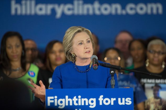 Democratic presidential candidate Hillary Clinton speaks at a campaign rally in the historic Bronzeville neighborhood on February 17, 2016 in Chicago, Illinois. Clinton was joined on stage at the rally by several mothers who lost their children to violent deaths including Geneva Reed-Veal, the mother of Sandra Bland who was found dead in a Texas jail cell after a controversial traffic stop and Cleopatra Pendleton whose daughter Hadiya Pendleton was shot and killed in a Chicago Park. 
