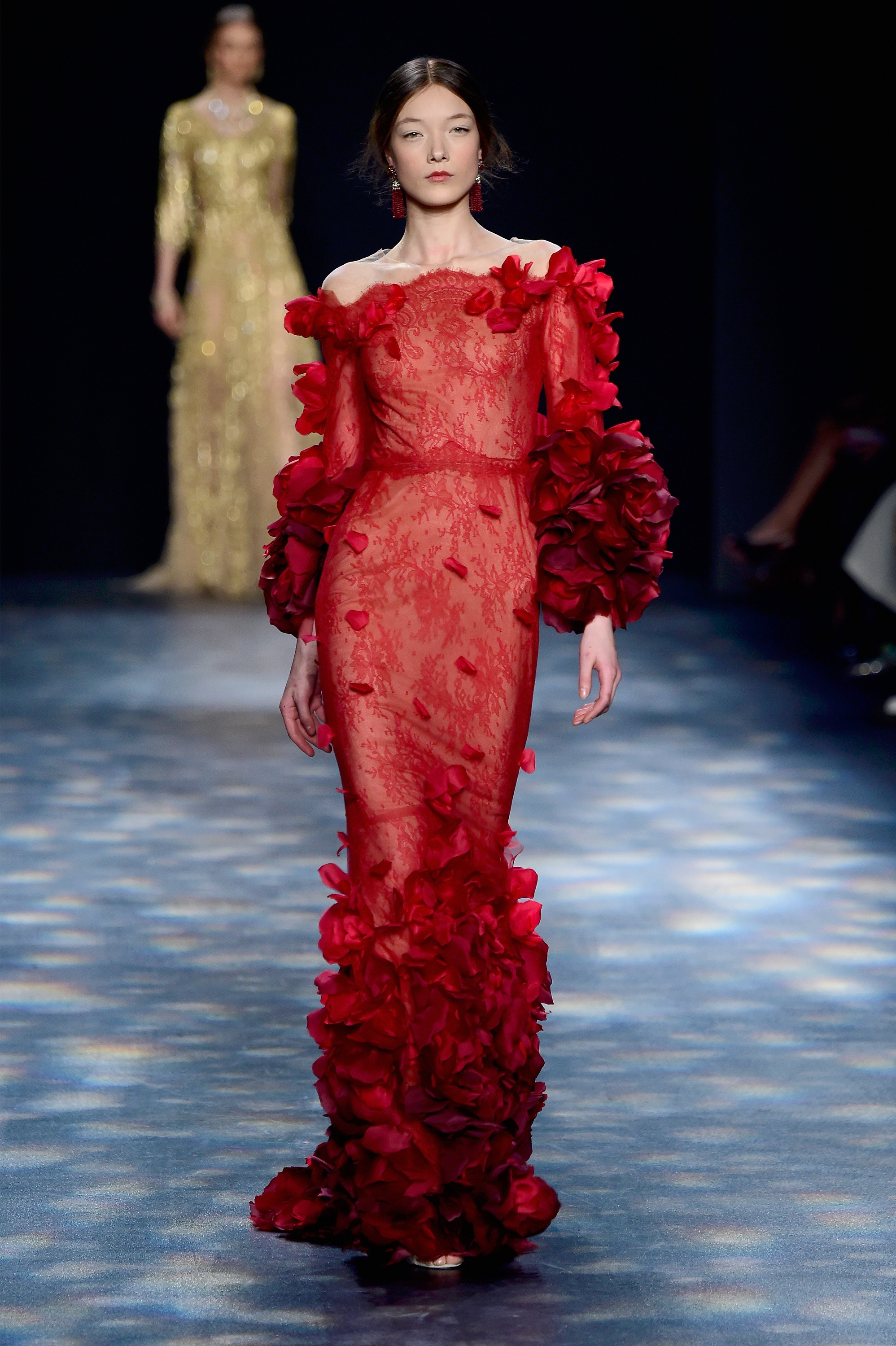 A model walks the runway wearing Marchesa Fall 2016 during New York Fashion Week: The Shows at The Dock, Skylight at Moynihan Station on February 17, 2016 in New York City.