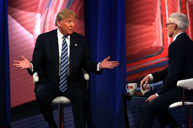 Republican presidential candidate Donald Trump speaks at a CNN South Carolina Republican Presidential Town Hall with host Anderson Cooper on February 18, 2016 in Columbia, South Carolina. The primary vote in South Carolina is February 20. 