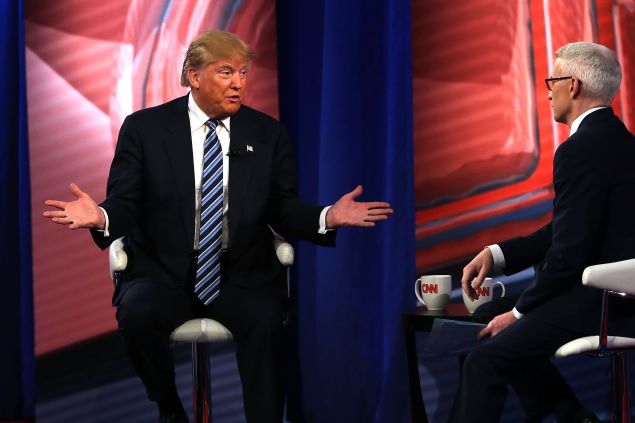 Republican presidential candidate Donald Trump speaks at a CNN South Carolina Republican Presidential Town Hall with host Anderson Cooper on February 18, 2016 in Columbia, South Carolina. The primary vote in South Carolina is February 20.