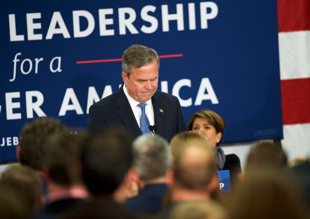 eb Bush reacts as he announces the suspension of his presidential campaign at an election night party at the Hilton Columbia Center in Columbia, SC on February 20, 2016. Donald Trump won decisively in the South Carolina Republican Presidential Primary, the "first in the south."
