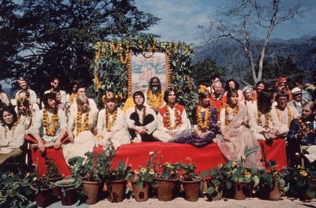Caption:The Beatles and their wives at the Rishikesh in India with the Maharishi Mahesh Yogi, March 1968. The group includes Ringo Starr, Maureen Starkey, Jane Asher, Paul McCartney, George Harrison (1943 - 2001), Patti Boyd, Cynthia Lennon, John Lennon (1940 - 1980), Beatles roadie Mal Evans, Prudence Farrow, Jenny Boyd and Beach Boy Mike Love. (