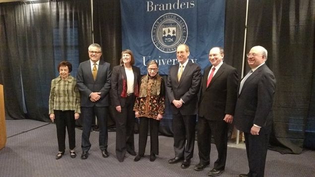 Justice Ruth Bader Ginsberg, center, at Brandeis University.